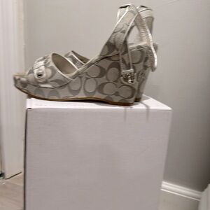 Coach Silver Gray Signature Wedge Sandals